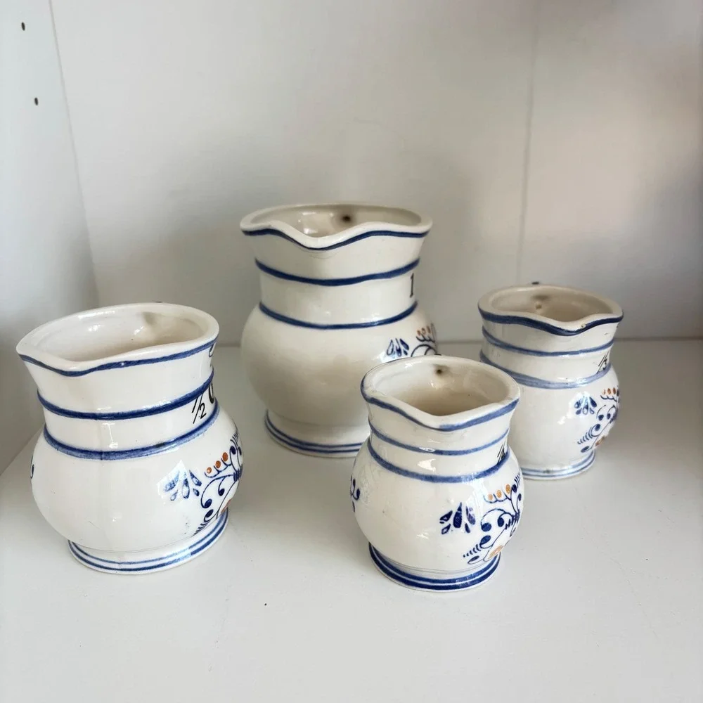 Vintage Ceramic Measuring Cup Pitcher Set 4 Blue White Farmhouse Kitchen Decor